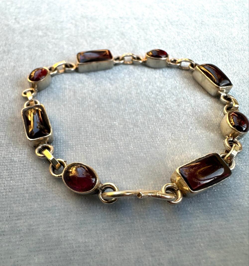 Vintage Sterling Silver Red Garnet Cabochon Link Bracelet Mixed Shape Stones